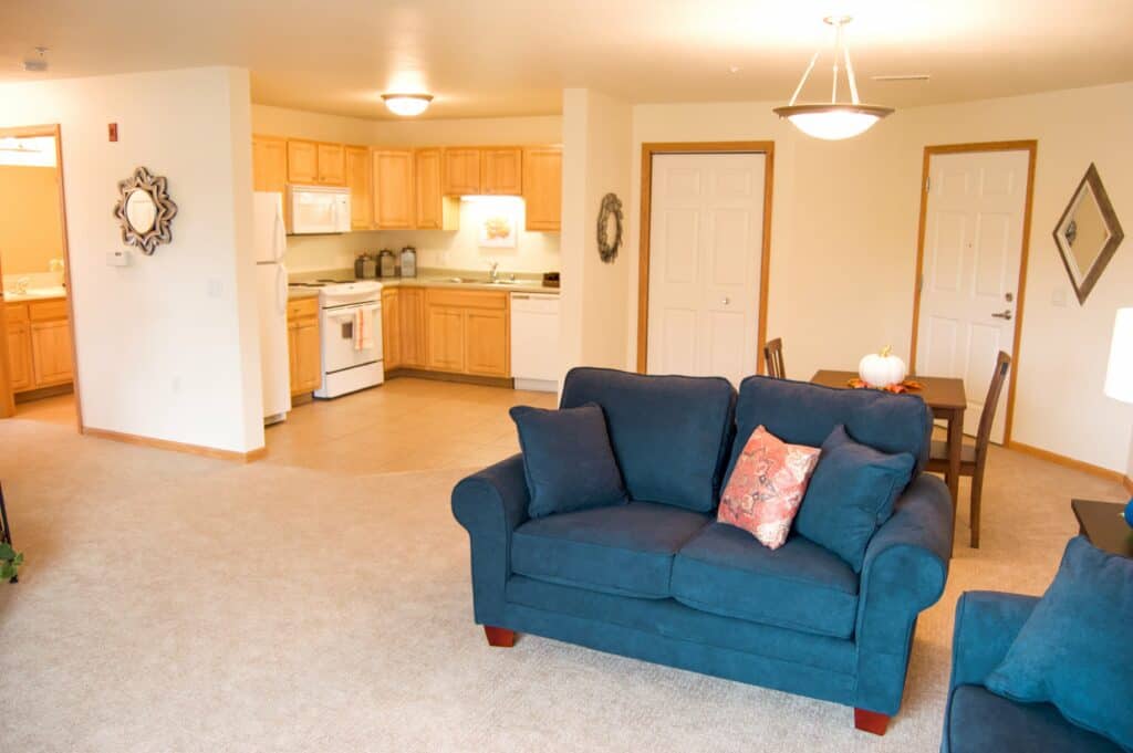 senior apartment with living room and kitchen in wisconsin