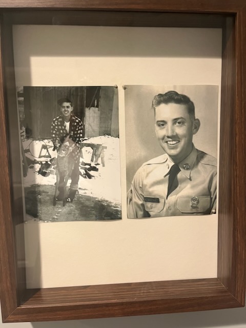two pictures of a man in his early years within a shadowbox